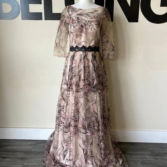 JS Collections Lace Gown with Illusions - Picture 1 of 6